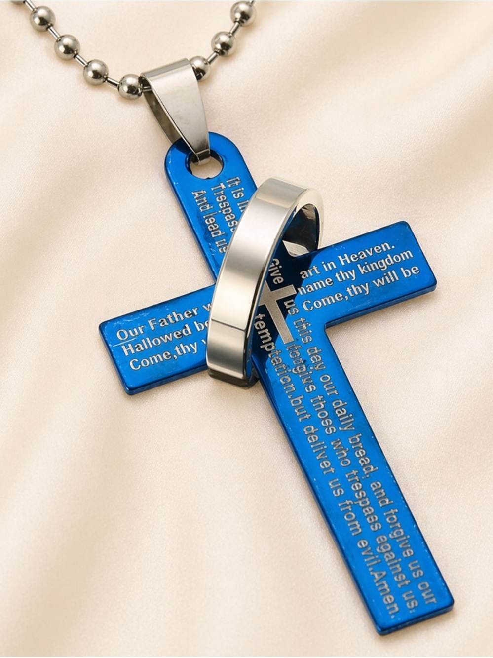 Stainless Steel Cross Ring Pendant Blue Prayer Cross Christian Necklace 16.6”